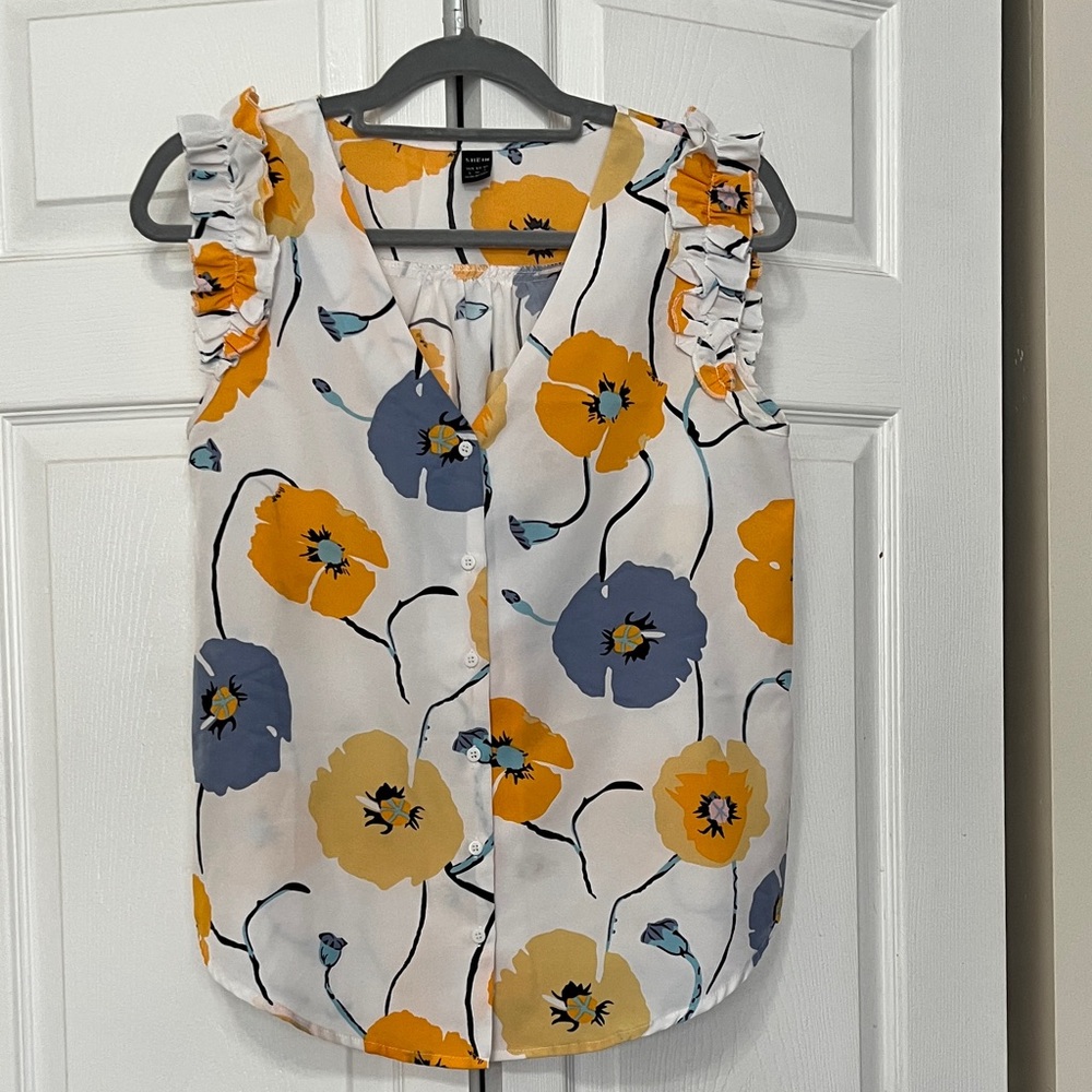 SHEIN White Floral Ruffle Sleeve V-Neck Button Front Top